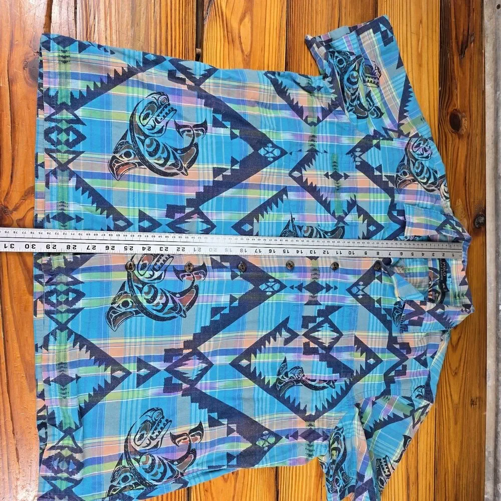 Polo Ralph Lauren Hawaiian Shirt Mens XL Blue Aztec Cotton Beach Plaid Shark EUC